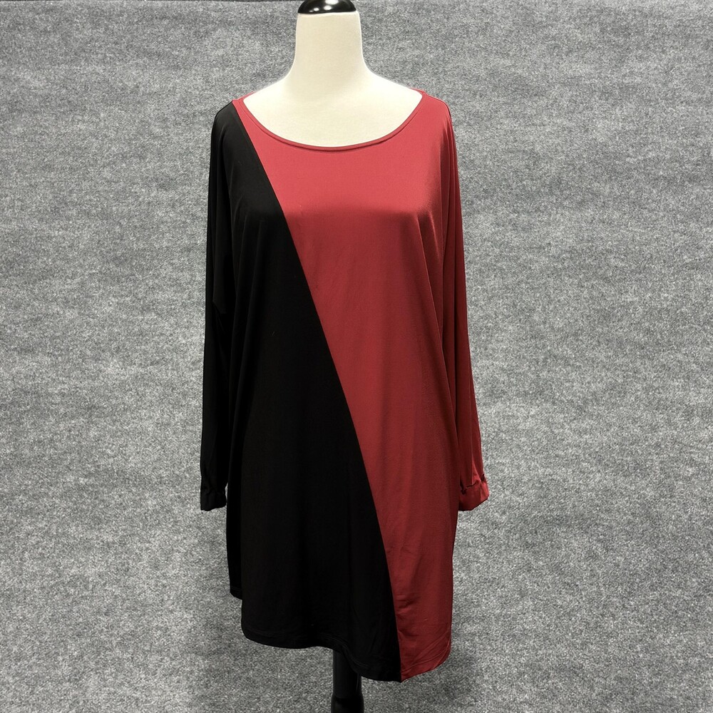 Susan Graver Shirt Womens XL Red Black Colorblock Tunic Top Long Sleeve Stretch